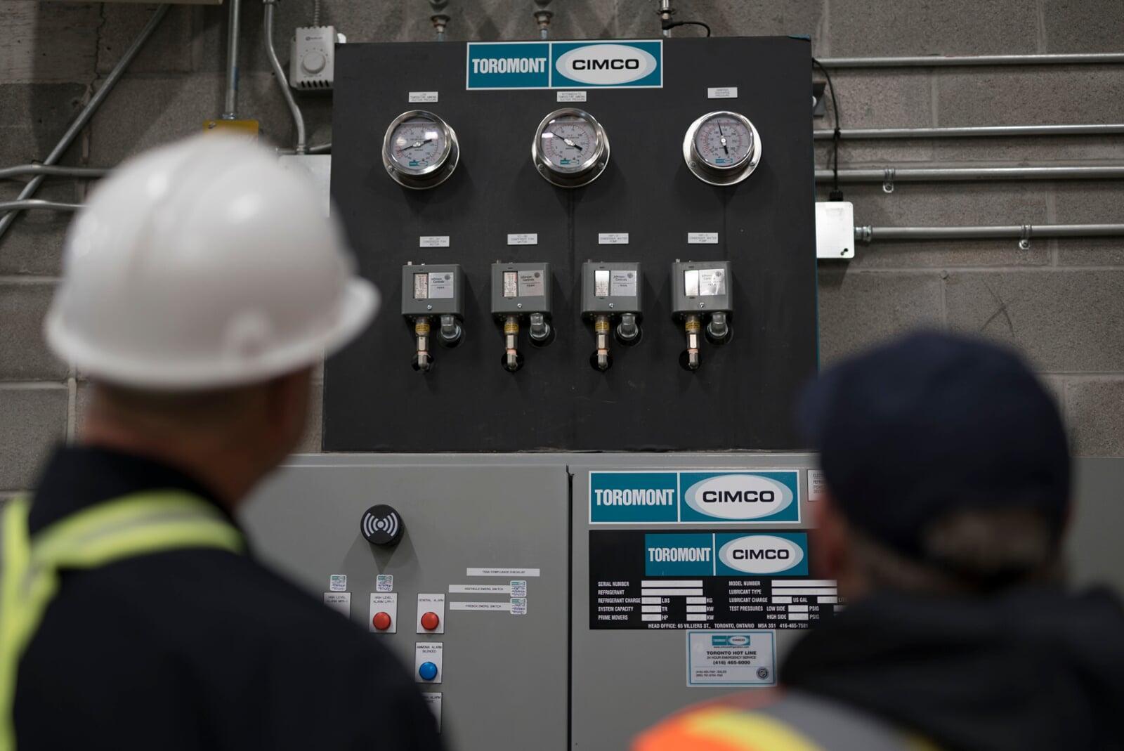 Close-up of facility control panel and gauges